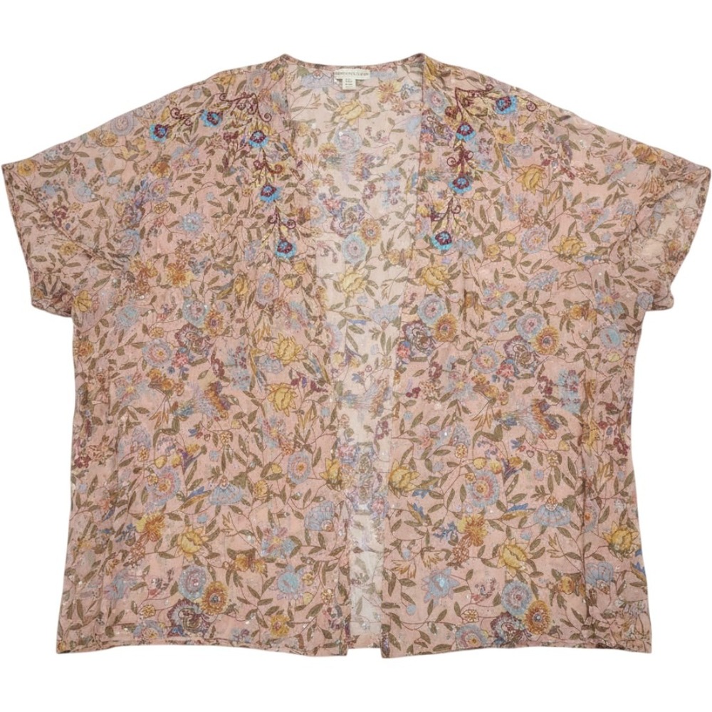 Anthropologie Andersen & Lauth Floral Beaded Kimono Wrap Top Pink Combo OS NEW
